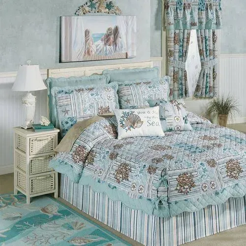 Touch of Class Shell Harbor Coastal Aqua Blue Oversized Quilt Set