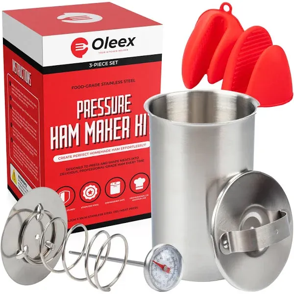 Oleex Lunch Meat Press Mold for Deli Meats-Homemade Ham Maker Meat Press Tool with Cooking Thermometer & Silicone Kitchen Mittens-Multipurpose Stainless Steel Pressure Sandwich Lunchmeat Press Maker