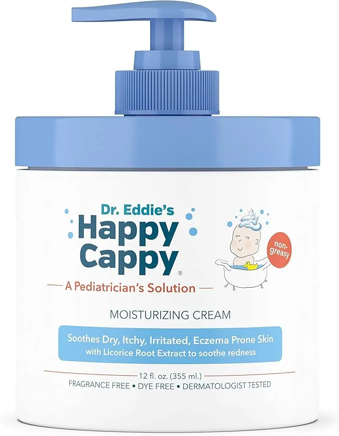 Happy Cappy Dr. Eddie's Moisturizing Cream For Children, Soothes Dry, Itchy, Irritated, Eczema Prone Skin, Dermatologist Tested, No Fragrance, No Dye, Non-Greasy, 12 oz Jar With Pump