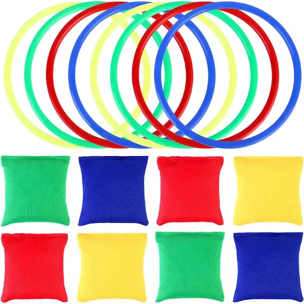 Ootsr 16pcs Nylon Bean Bags Plastic Rings Game Sets for Kids Ring Toss Game Booth Carnival Garden Backyard Outdoor Games Speed and Agility Training