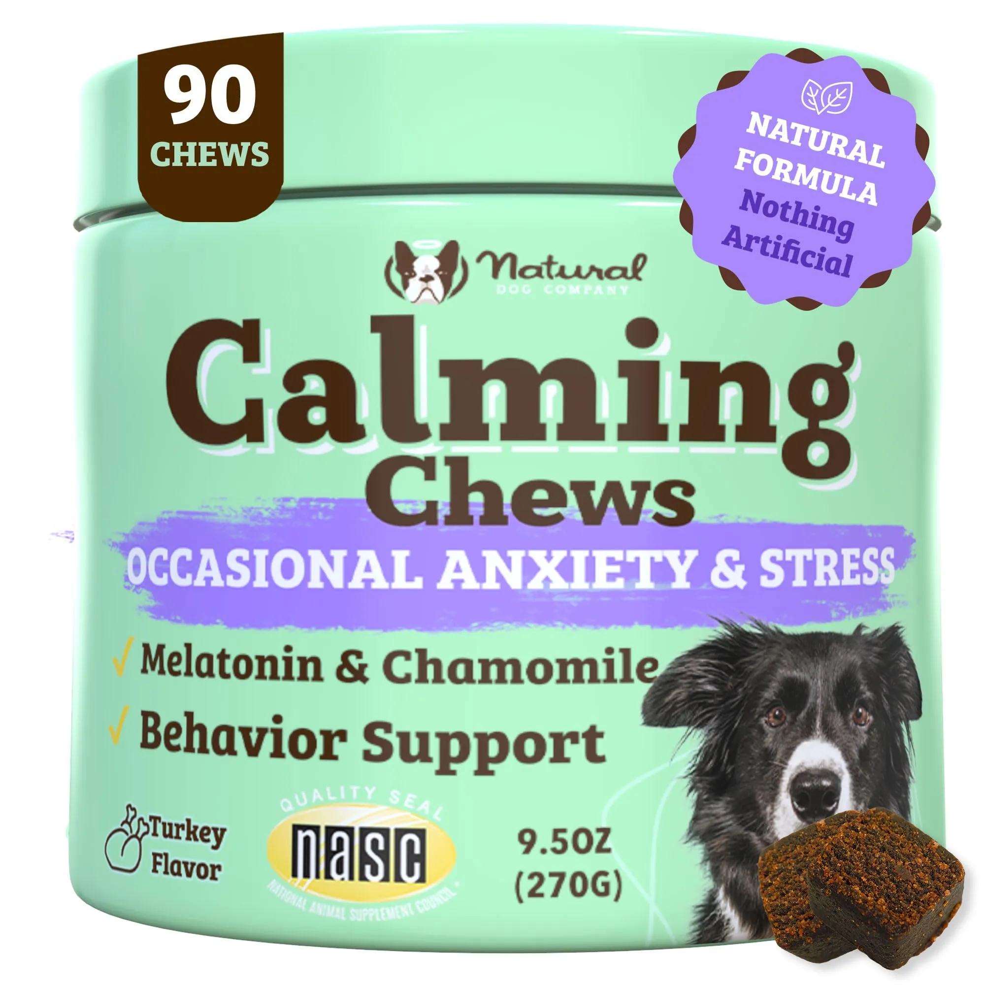 Natural Dog Company Calming Chews for Dogs 90 cnt, Peanut Butter & Bacon Flavor, Calming Dog treats with Melatonin for Dogs Promotes Relaxation & Composure for Daily Stress, Supports Balanced Behavior