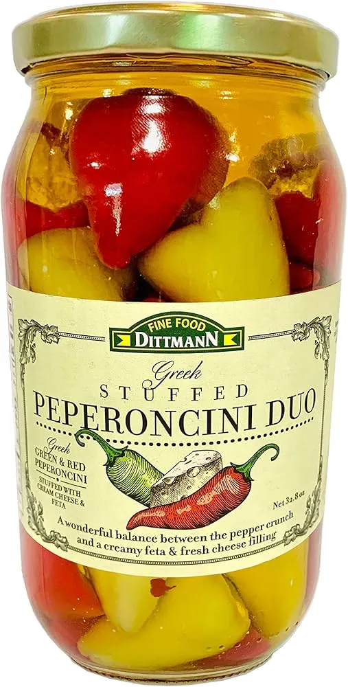 Greek Stuffed Peperoncini Duo - Greek Green and Red Peperoncini Stuffed with Cream Cheese and Feta 32.80oz