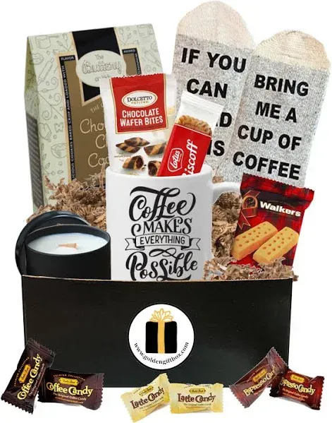 Coffee Gift Basket - Bistro Coffee Mug, Socks, Gourmet Coffee Snacks - Coffee Gifts for Men Women