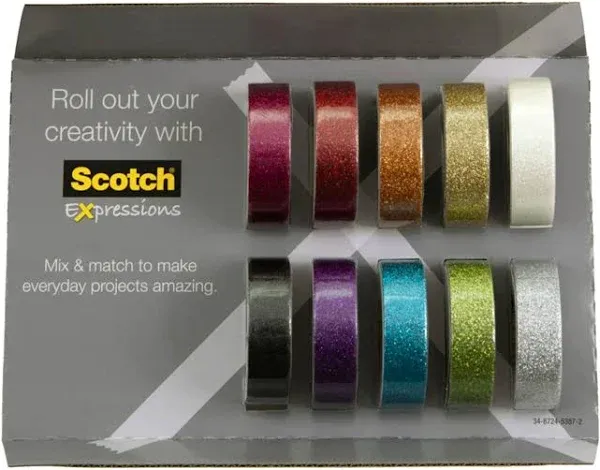 Scotch Glitter Washi Tape, 10 Rolls, Great for Use in Bullet Journal, School Supplies, Craft Supplies, and Teacher Appreciation Gifts (C517-10-SIOC)