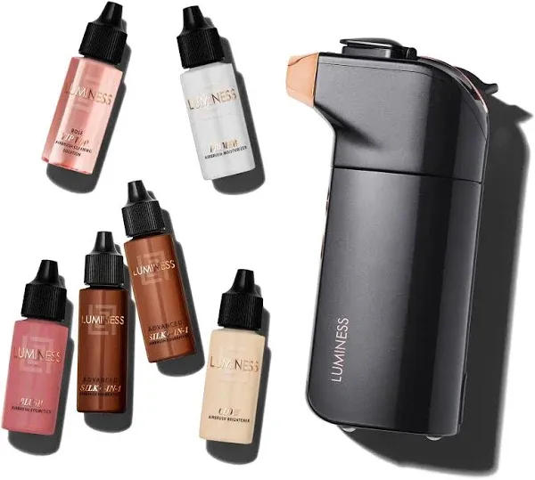 Luminess Breeze Duo Airbrush Makeup System Tan Coverage 9-Piece Kit Includes 2x Silk Airbrush Foundation Apricot Shade Blush Glow Highlighter Moistur