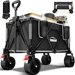 Overmont Collapsible Wagon Cart with Wheels - All-Terrain 3.2in Wide Wheels - Foldable 150L Large Capacity with Side Pockets for Camping Sports