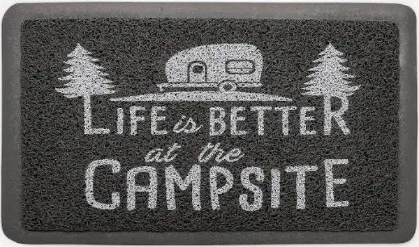 Camco Life is Better at the Campsite Scrub Mat - 26.5" by 15" - Non-Slip Backing - Gray/White - 53200