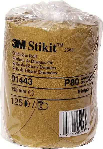 3M 01443 Stikit Gold 6 Inch P80 Grit Sanding Disc Roll, 125 Discs per Roll