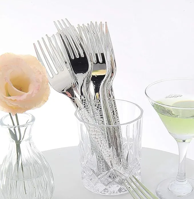 Supernal 300pcs Silver Plastic Forks,Premium Disposable Forks Polished,Special Hammered Design,Perfect for Big Party,Wedding and Any Catering Events