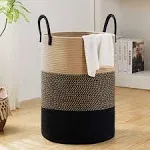 58L Large Woven Laundry Hamper by Fiona's magic, Tall Cotton Rope Laundry Basket, Boho Storage Basket for Blankets, Toys and Clothes Hamper for Bedroom and Living Room Organizing, Brown & Black