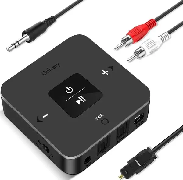 Golvery Bluetooth 5.0 Transmitter Receiver for TV, 2 in 1 Bluetooth Aux Adapter for PC/DVD/MP3/Car/Home Stereo/Speaker/Gym, Optical/RCA/AUX Connection, 25 Hours Playtime, Pair 2 Devices Simultaneously