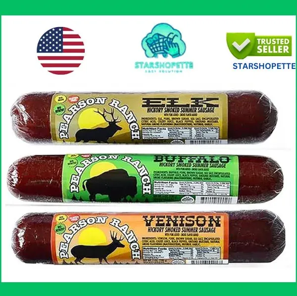 PEARSON RANCH SINCE 1959 Game Meat Summer Sausage Variety Pack of 3 Elk, Buffalo, Venison, Exotic Meat, Summer Sausage Pack, Gluten-Free, MSG-Free