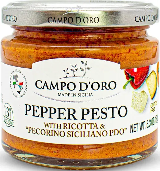 Sicilian Pepper Pesto with Ricotta and Pecorino, Glass Jar 6,3 oz. Campo D'Oro, Italian specialties. Sicilian ready sauce with Sicilian peppers, ricotta and Pecorino. 100% Made in Italy