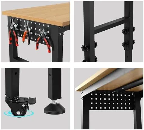 60&#034; Adjustable Work Bench, Rubber Wood Top Heavy-Duty Workbench with Power Outle