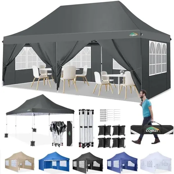 COBIZI 10x20 Canopy Tent, Heavy Duty Pop up Canopy with Sidewalls, Waterproof Easy Setup Canopy with Mosquito Netting, Outdoor Instant Screen Tents for Parties, Wedding with Roller Bag, Gray