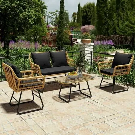 Dextrus 4-Piece All-Weather Patio Furniture Wicker Rattan Outdoor Bistro Set with Loveseat Conversation Chairs