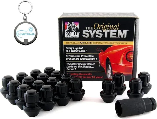 Gorilla Automotive Locking Lug Nuts 96643BDX, Set of 20 Factory Style Bulge Gorilla Lug Nuts, 14mm x 1.50 Thread, Black Chrome, with a Lumintrail Keychain Light