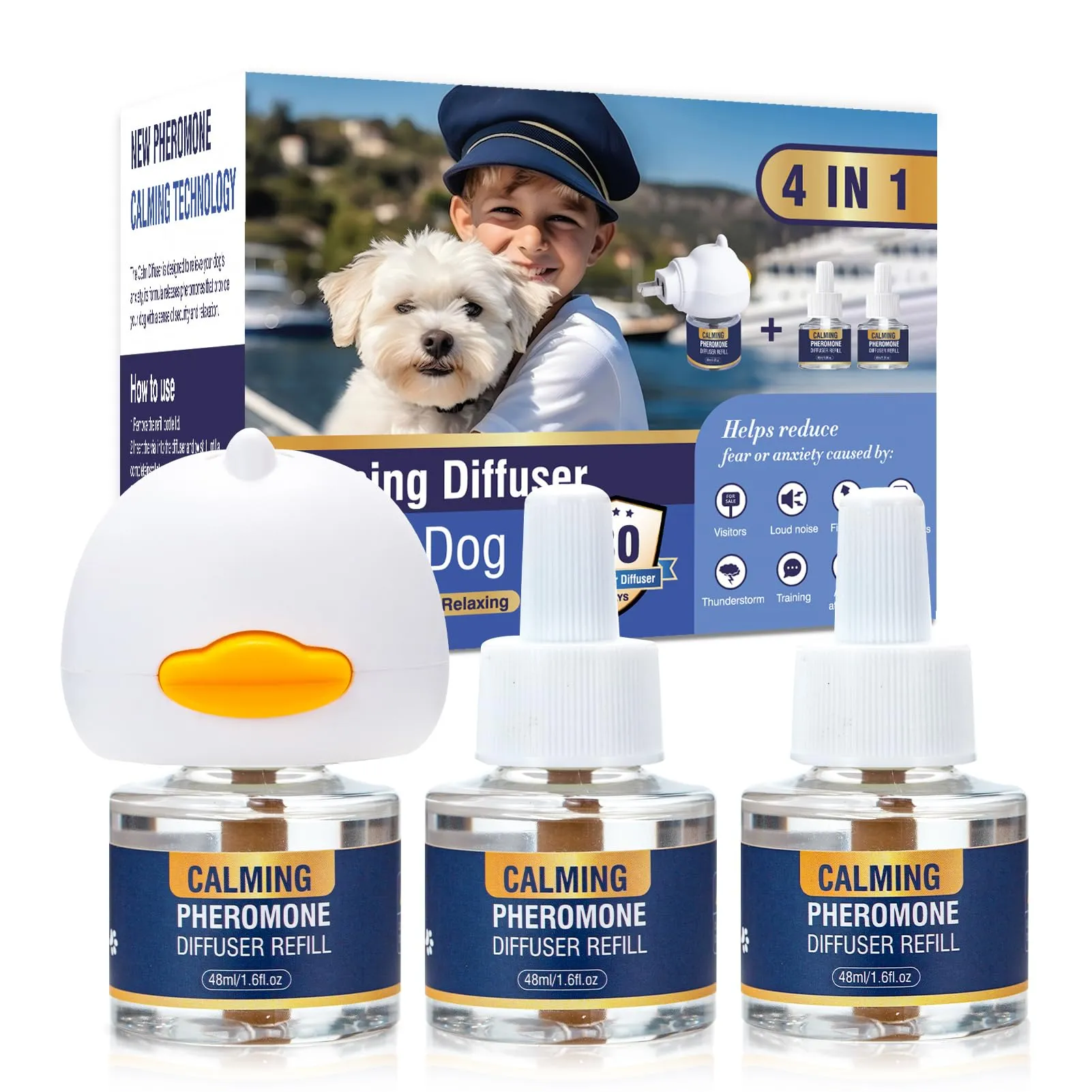 Dog Pheromone Calming Diffuser 4 In 1 Appeasing Pet Pheromones Diffuser to Calm Kit (Plug in+ 3 Pack 48ml Refill) for Anxiety Relief Reduce Barking Aggression Fighting Stress 90 Day Supply(Tasteless)