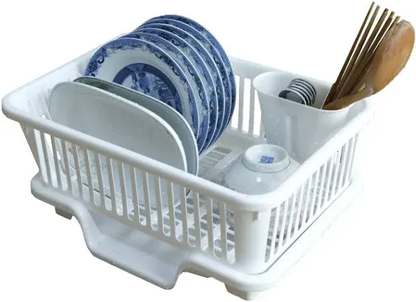 Heavy Duty 2-Piece Plastic Dish Drying Rack Set in White - Includes Large Dish Drainer, Attached Drainboard, and Utensil Cup Holders for Home Kitchen Countertop Organization