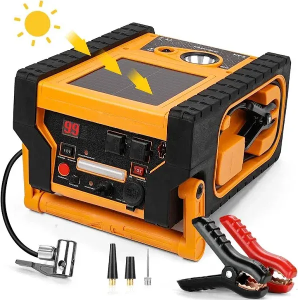 E-Ant 2000A Car Jump Starter with Air Compressor, 5W Solar Panel Portable Power Station, Tire Inflator 260PSI, Car Battery Charger with Inverter Dual 400W AC DC USB Ports, 12V Battery Pack Jump Box