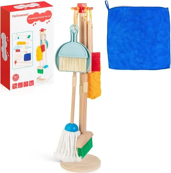 HELLOWOOD Kids Cleaning Set, 8pcs Housekeeping Play Set Includes Broom Mop Duster Dustpan Brushes Rag and Organizing Stand, Cleaning Toys Gift for Toddlers Girls Boys Age 3-6, Solid Beech Wood