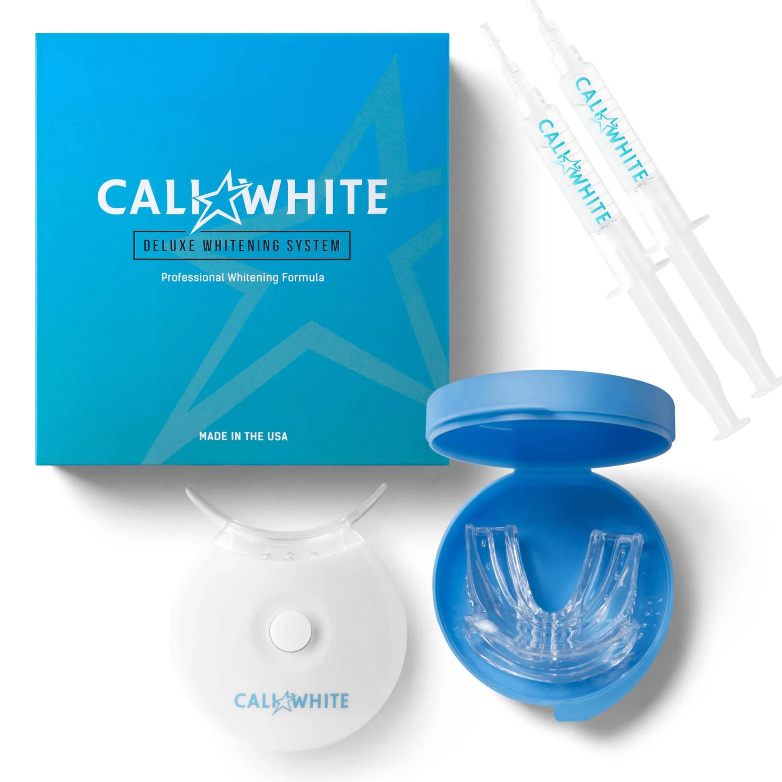 Cali White Teeth Whitening Strip Kit with LED Light and Batteries - Organic Peroxide Teeth Whitening Gel - Set of White Strips - 2x5ml Syringes, Thermoform Whitening Kit Trays and Case