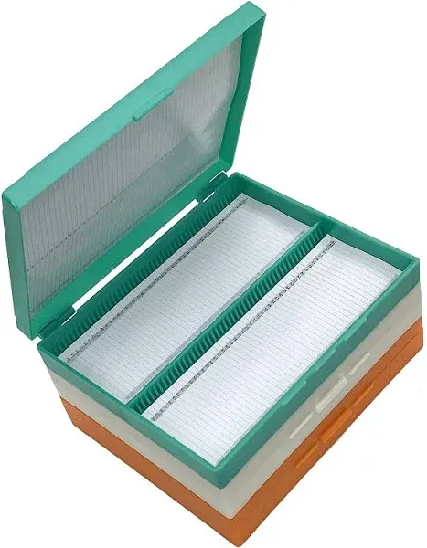 MUHWA 100-Place Plastic Microscope Slides Storage Box, 3 Packs Microscope Glass Slide Box, Assorted Color, Green, Orange, White