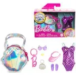 Barbie Clothes Set, Beach-Themed with Swimsuit, 5 Acessories & Zippered Doll-Sized Shell-Shaped Bag with Clip-On Ring, Iridescent