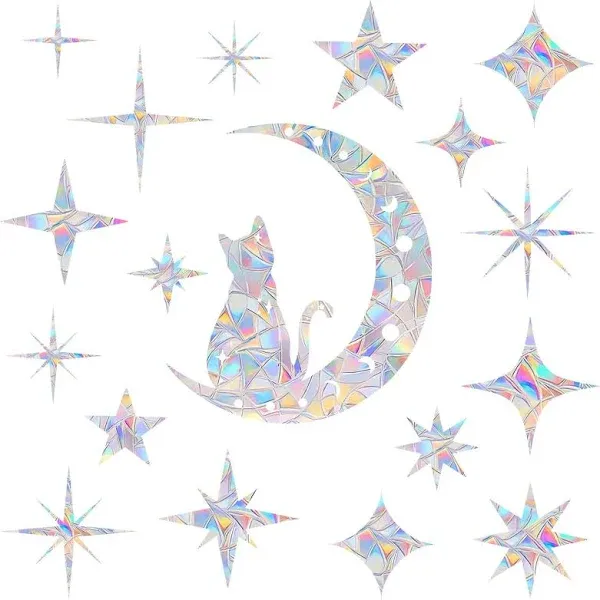 Cat Moon and 18 Pieces Star Window Clings - Anti-Collision Window Decals to 