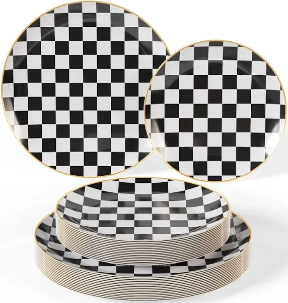 Trendables 80 Pcs Checkered Plates Set - Heavy Duty Dinnerware Sets Black and White Plastic Plates With Gold Rim 40-10" Dinner Plates & 40-8" Dessert Plates - Elegant Disposable Plates For Weddings