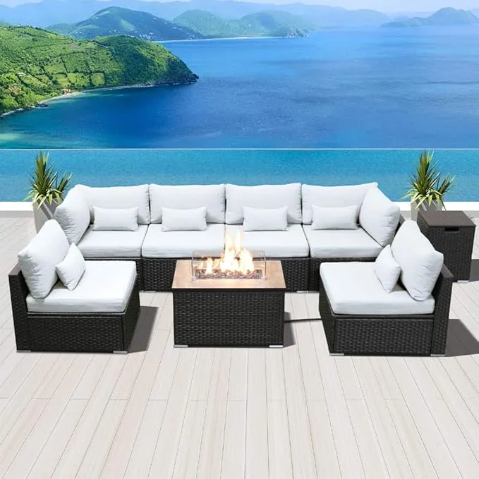 Dineli Patio Furniture Sectional Sofa with Gas Fire Pit Table Outdoor Patio Furniture Sets Propane Fire Pit (Pure White-Rectangular Table)