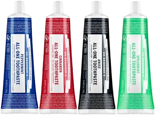 Dr. Bronner’s - All-One Toothpaste Variety Pack - Peppermint, Cinnamon, Anise, & Spearmint, 70% Organic Ingredients, Natural & Effective, Fluoride-Fre