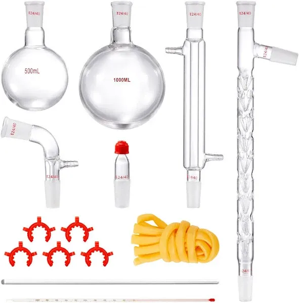 VEVOR Glass Organic Chemistry Kit 13pcs Distillation Kit 24/40 Joints Distillation Apparatus Borosilicate Glass Lab Glassware Kit w/ 1000ml Round