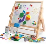 Wood Double-Sided Tabletop Easel 80pc Activity Set for Kids- Childrens Magnetic Dry Erase Whiteboard & Chalkboard, Alphabet Phonic Letters & Shapes - Back to Sc