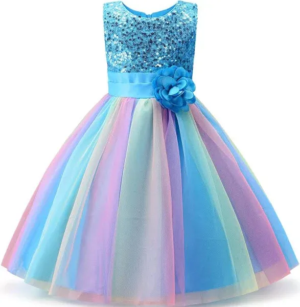 Uhnice Little Girl's Sequin Sleeveless Mesh Rainbow Dress for Wedding Party