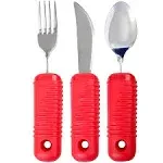 3 Piece Super Easy Grip Red Flatware Set - Bendable Built Up Large Fork, Knife, and Spoon - Red