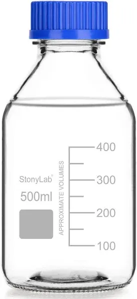 stonylab Glass Graduated Round Media Storage Bottles with GL45 Screw Cap, 500 ml, 1 Pack