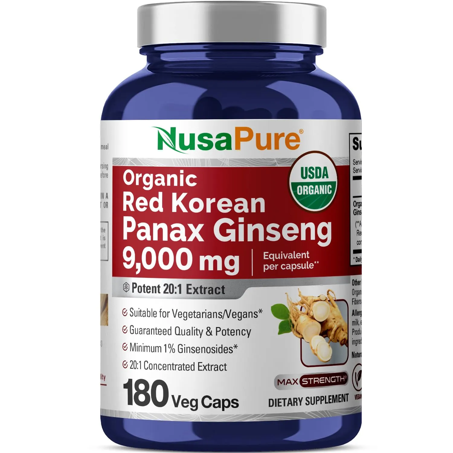 USDA Organic Red Korean Panax Ginseng 9,000mg 180 Veggie Caps