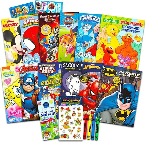 12 Bulk Superhero Coloring Books for Boys Ages 4-8 - Assorted 12 Coloring Books Featuring Spiderman, Batman, Avengers, Power Rangers | Bundle with Coloring Utensils, Stickers, More (No Duplicates)