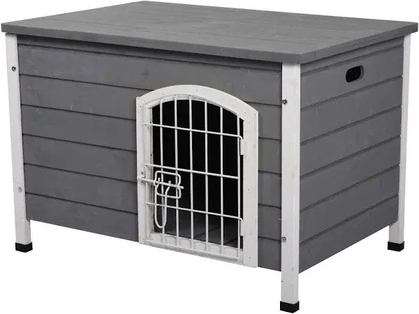 PawHut 31"L Wooden Decorative Dog Cage Kennel Wire Door with Lock Small Animal House with Openable Top Removable Bottom Gray