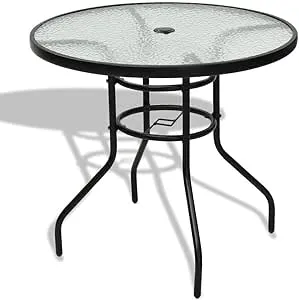 32" Outdoor Patio Dining Table Steel Frame Tempered Glass Top Bistro Table with Umbrella Hole for Garden Pool Side Deck Lawn