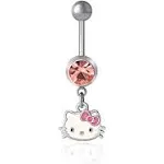 Sanrio Hello Kitty Womens 14g Belly Button Ring - Rose Crystal and Stainless Steel Dangle Belly Button Ring - Officially Licensed