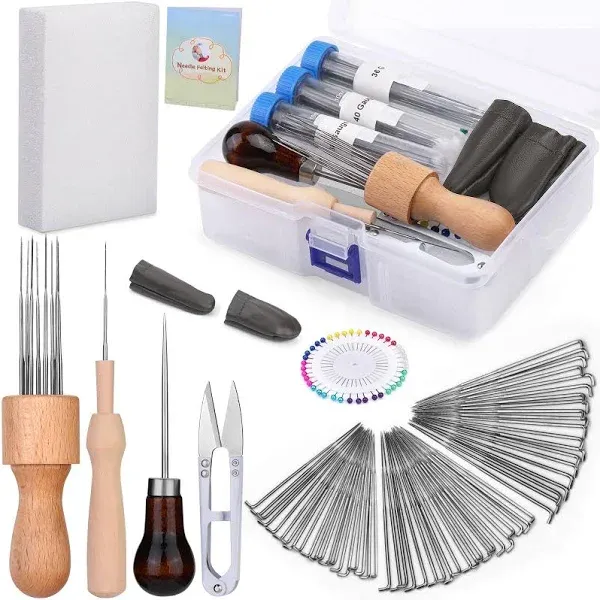 IMZAY Needle Felting Tools, Wool Felting Supplies, Needle Felting Kit with 60 Pcs Needles Felting Needles, Foam Mat, Wooden Handle, Scissors, Perfect for DIY Felting Wool Projects