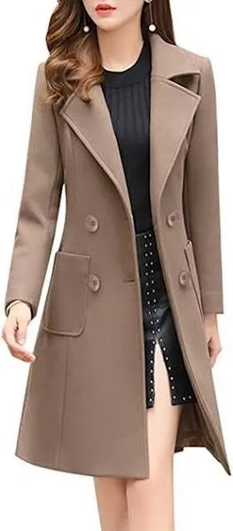 Women Winter Wool Blend Camel Mid-Long Coat Notch Double-Breasted Lapel Jacket