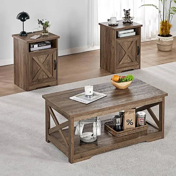 Amerlife Arthur Table Set Farmhouse 3-Piece USB Ports Coffee Table End Tables