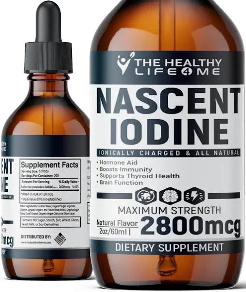 Nascent Iodine Organic | 2800mcg | Potassium Iodide | Iodine Supplement | Iodine Drops | Vegan | Clear Color | Large 2oz