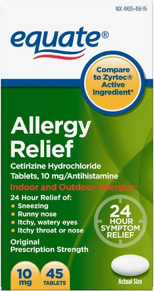 Equate Allergy Relief, Cetirizine hydrochloride Tablets, 10 mg, 14 Count, Size: 14 Tablets