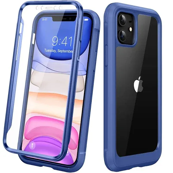 Diaclara Compatible with iPhone 11 Case, Full Body Rugged Case with Built-in Touch Sensitive Anti-Scratch Screen Protector, Soft TPU Bumper Case Clear Compatible with iPhone 11 6.1" (Blue and Clear)