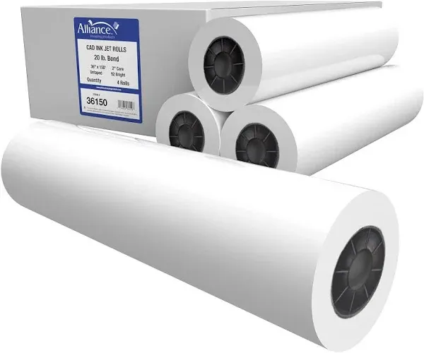 Alliance Wide Format Paper CAD Bond Rolls (20lb | 4 Rolls, 36 In x 150 Ft | 2...