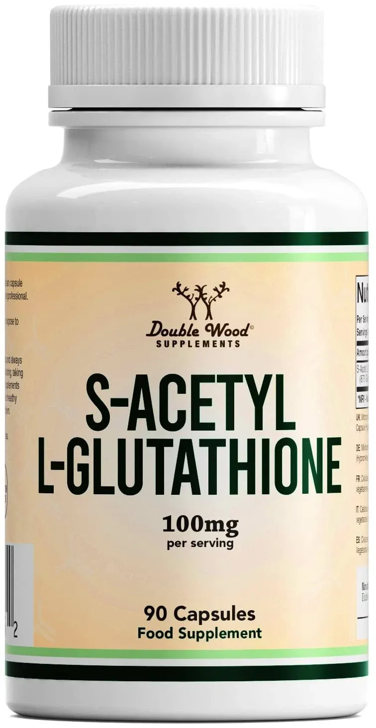 Double Wood Glutathione Supplement | 90 S-Acetyl L-Glutathione Capsules - 100mg per Serving | L Glutathione Antioxidant Supplement | Non-GMO & Gluten Free